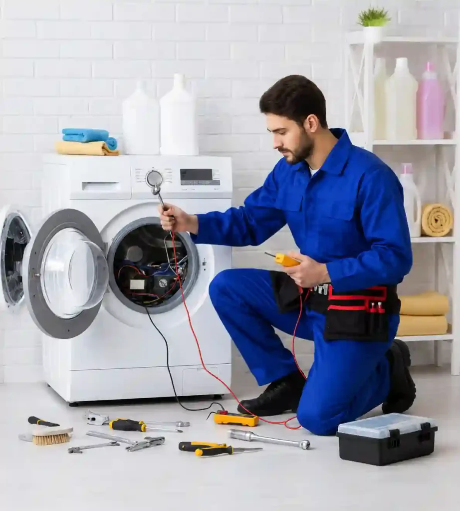 Technician repairing washing machine components and internal appliance parts.