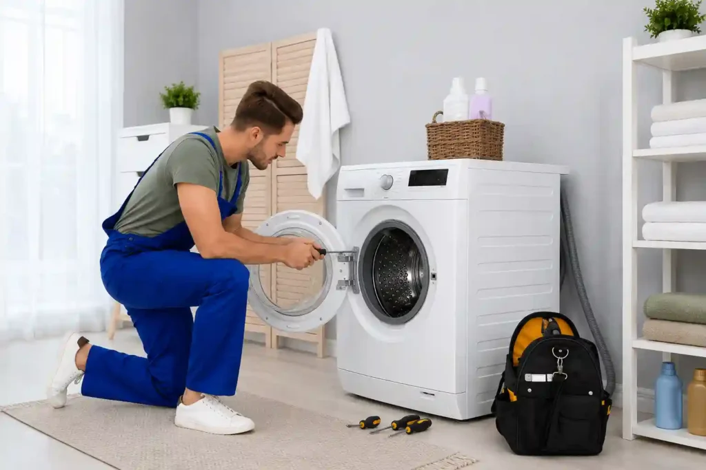 Technician inspecting a washing machine and checking appliance components.