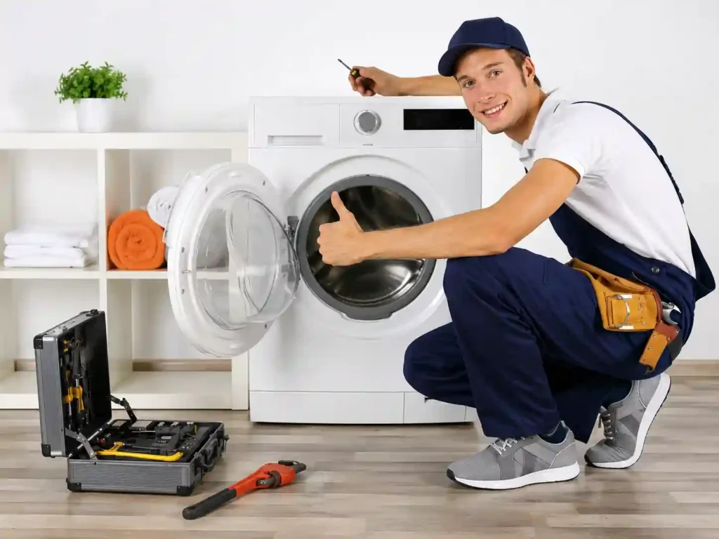 Technician repairing internal components of a washing machine.