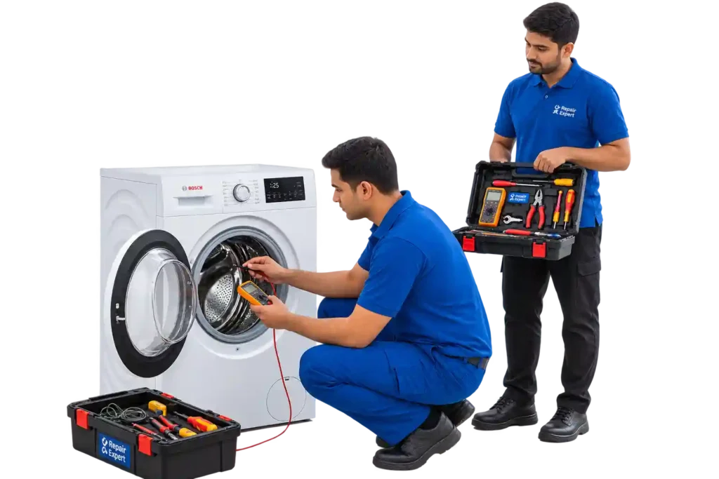 Professional technicians inspecting and diagnosing a front-load washing machine.