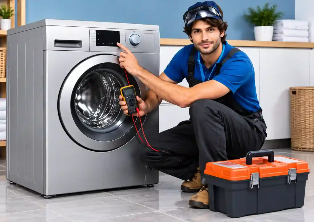 Technician servicing a front-load washing machine.