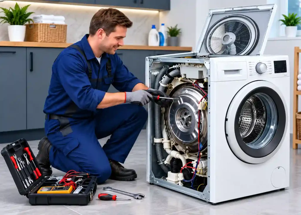 Technician servicing a front-load washing machine.