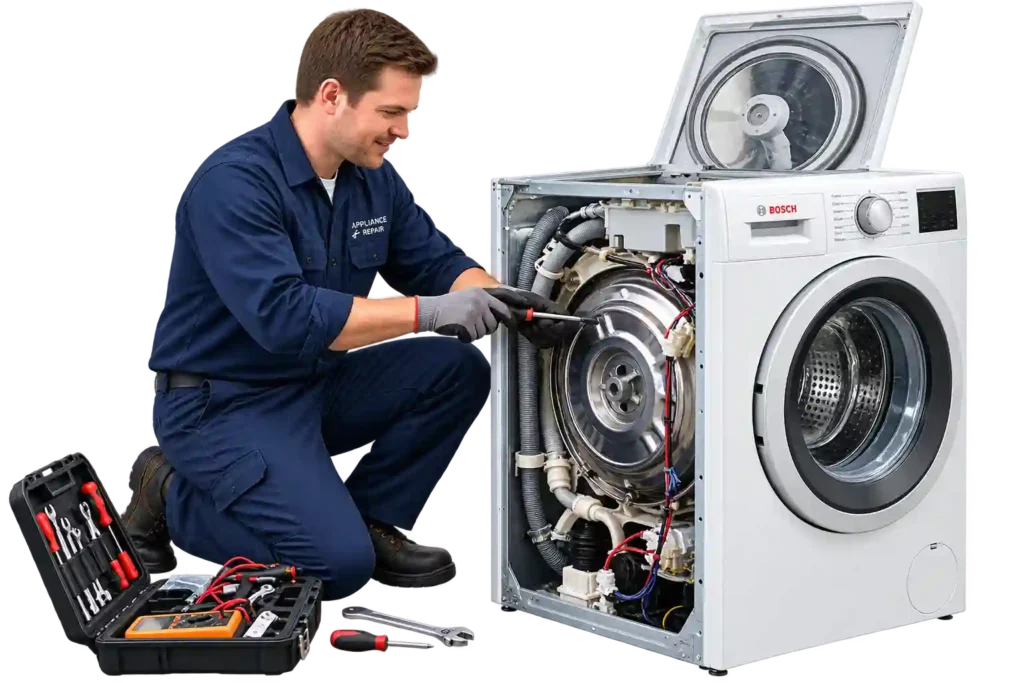 Technician inspecting common washing machine problems during Washing Machine Repair in Bahrain.