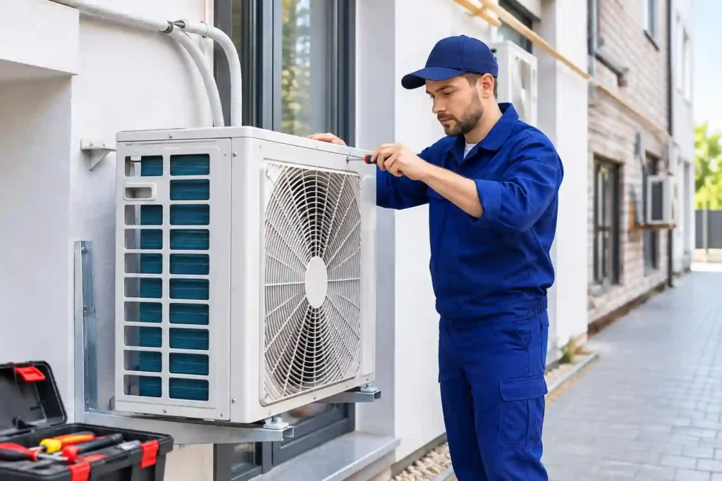 Window AC Repair in Hamad Town technician servicing outdoor unit.
