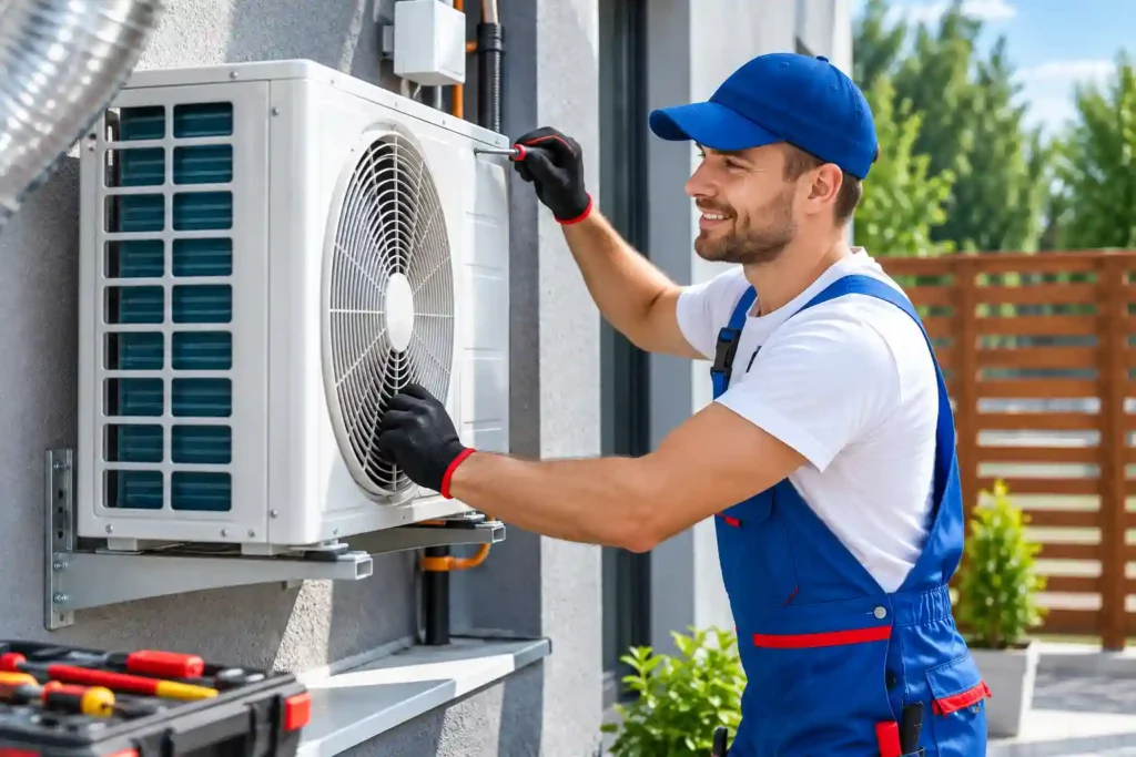 Window AC technician servicing outdoor unit.