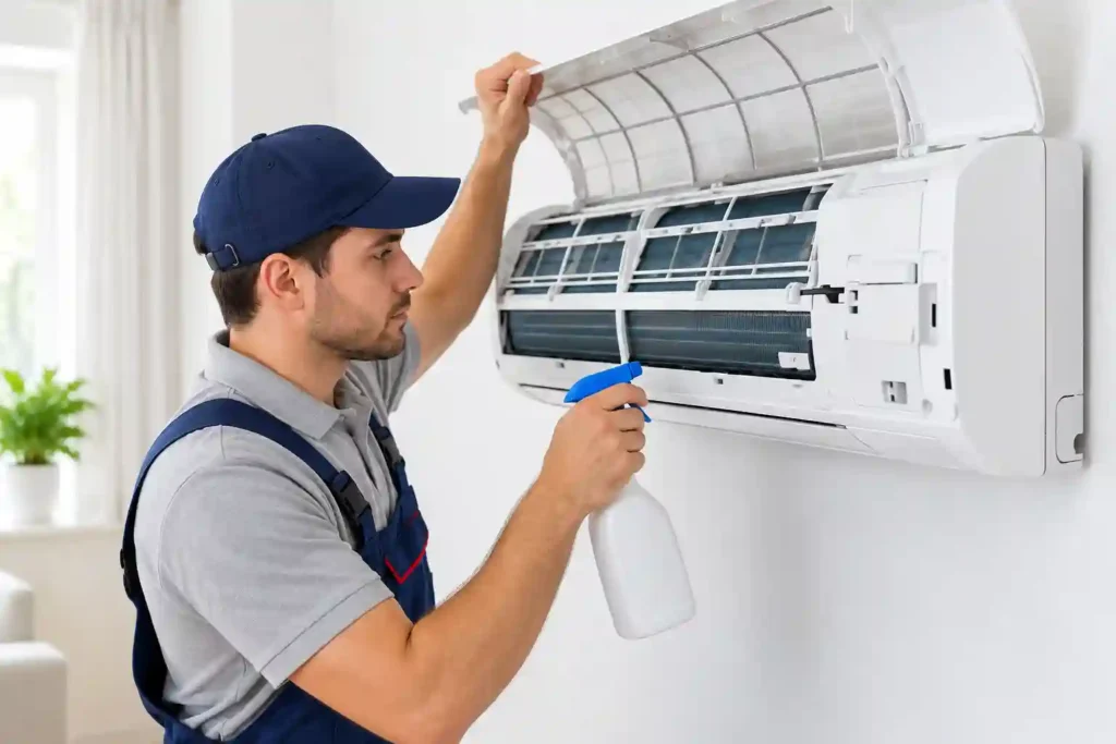 Window AC Repair in Hamad Town technician servicing AC unit.