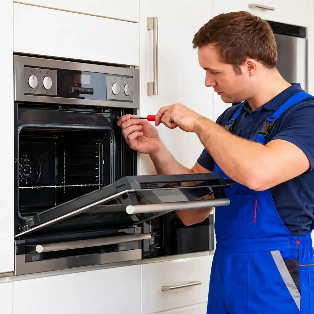 Technician inspecting the door and controls of a kitchen oven.