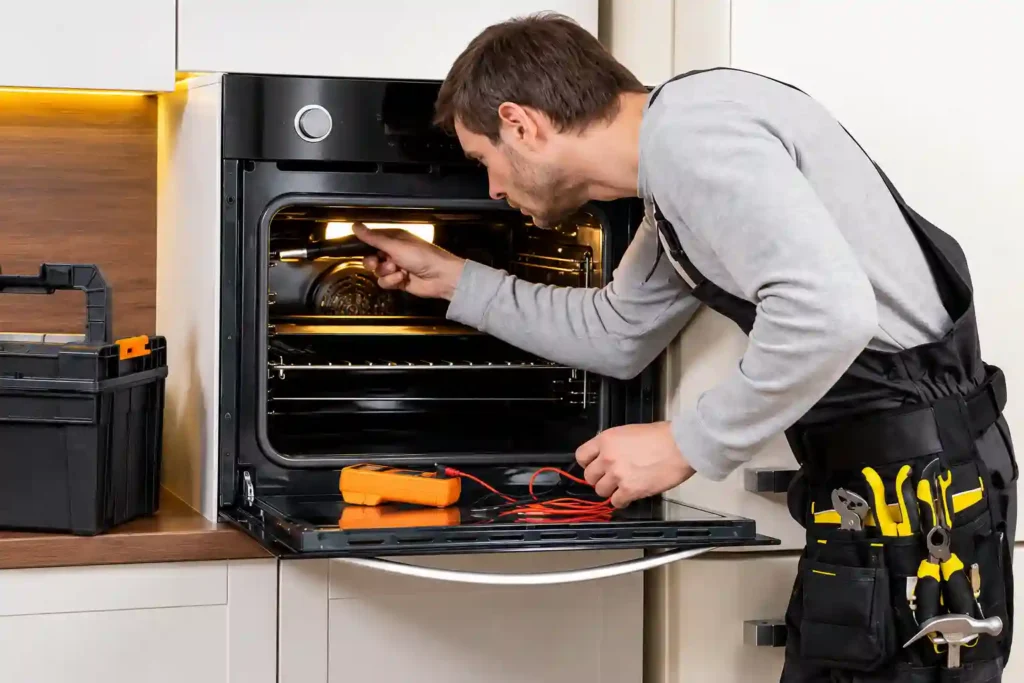Technician checking oven heating system during repair.