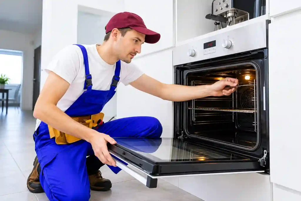 Oven repair technician inspecting a built-in kitchen oven.