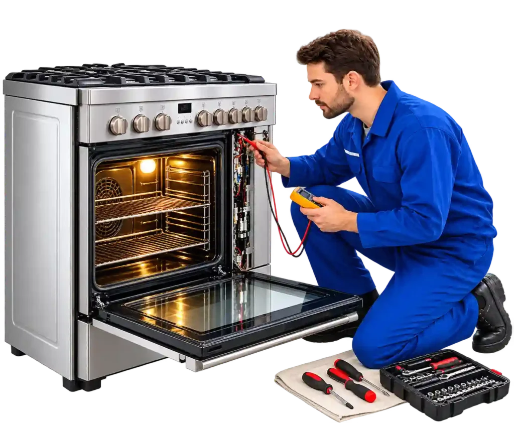 Technician inspecting a household oven.